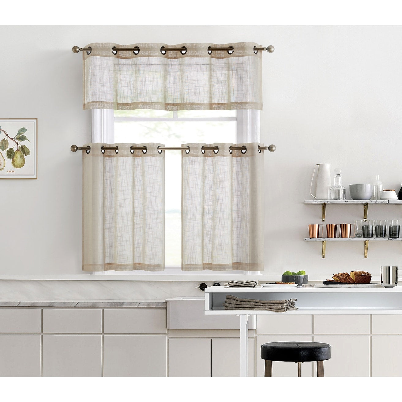 HLC.me Abbey Faux Linen Textured Semi Sheer Grommet Curtain Tiers Valance Small Windows, Bedroom & Bathroom