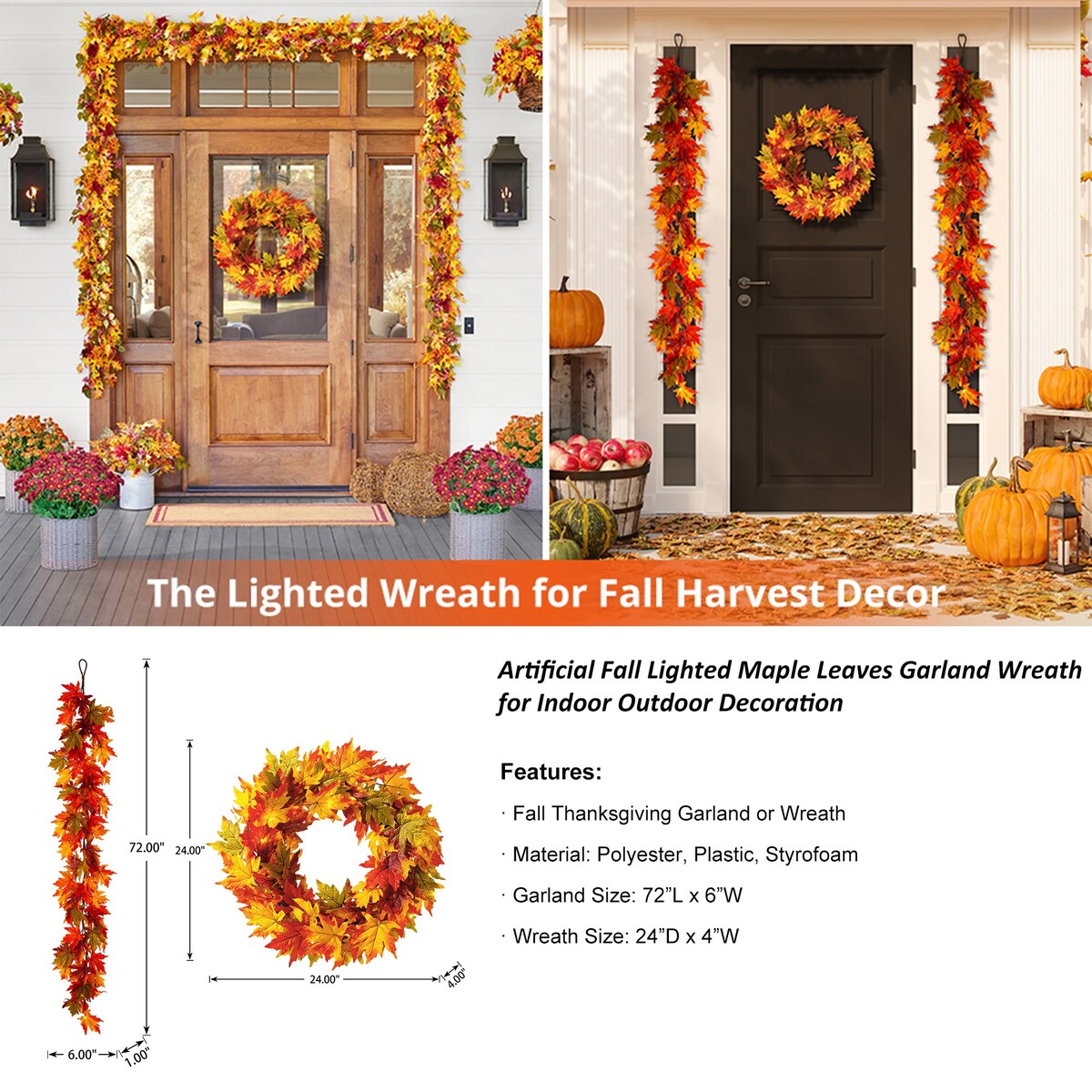 Glitzhome Thanksgiving LED Lighted Fall Maple Leaves Wreath & Garland