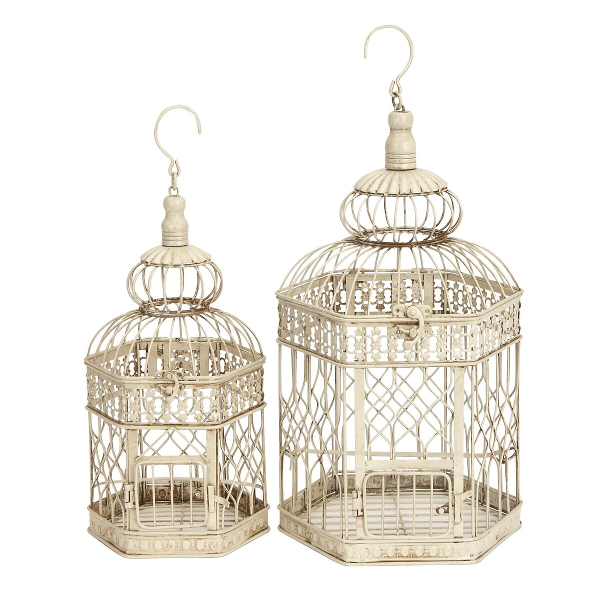 Metal Scroll Distressed Wire Birdcage with Latch Lock Closure and Hanging Hook - Set of 2 Cream - Roche River Decor