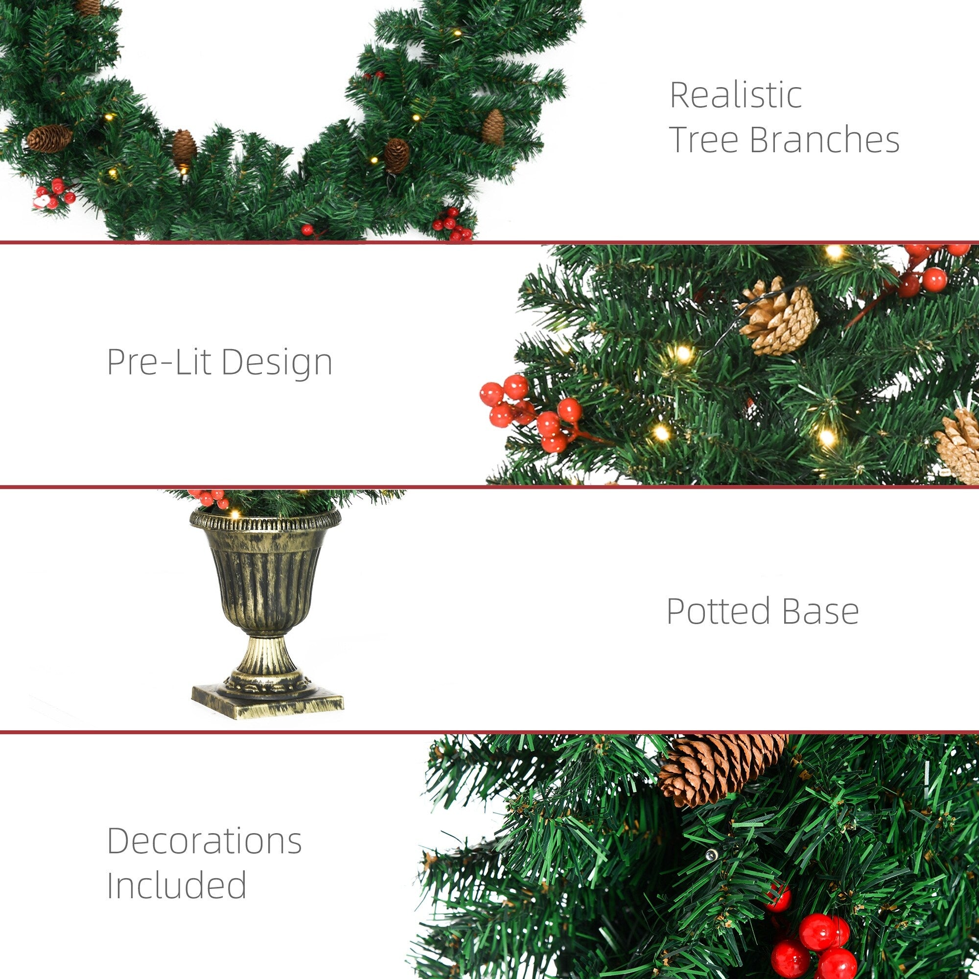 HOMCOM Prelit Holiday Christmas 4-Piece Set, Garland Wreath and Set of 2 Entrance Trees with Warm White LED Lights