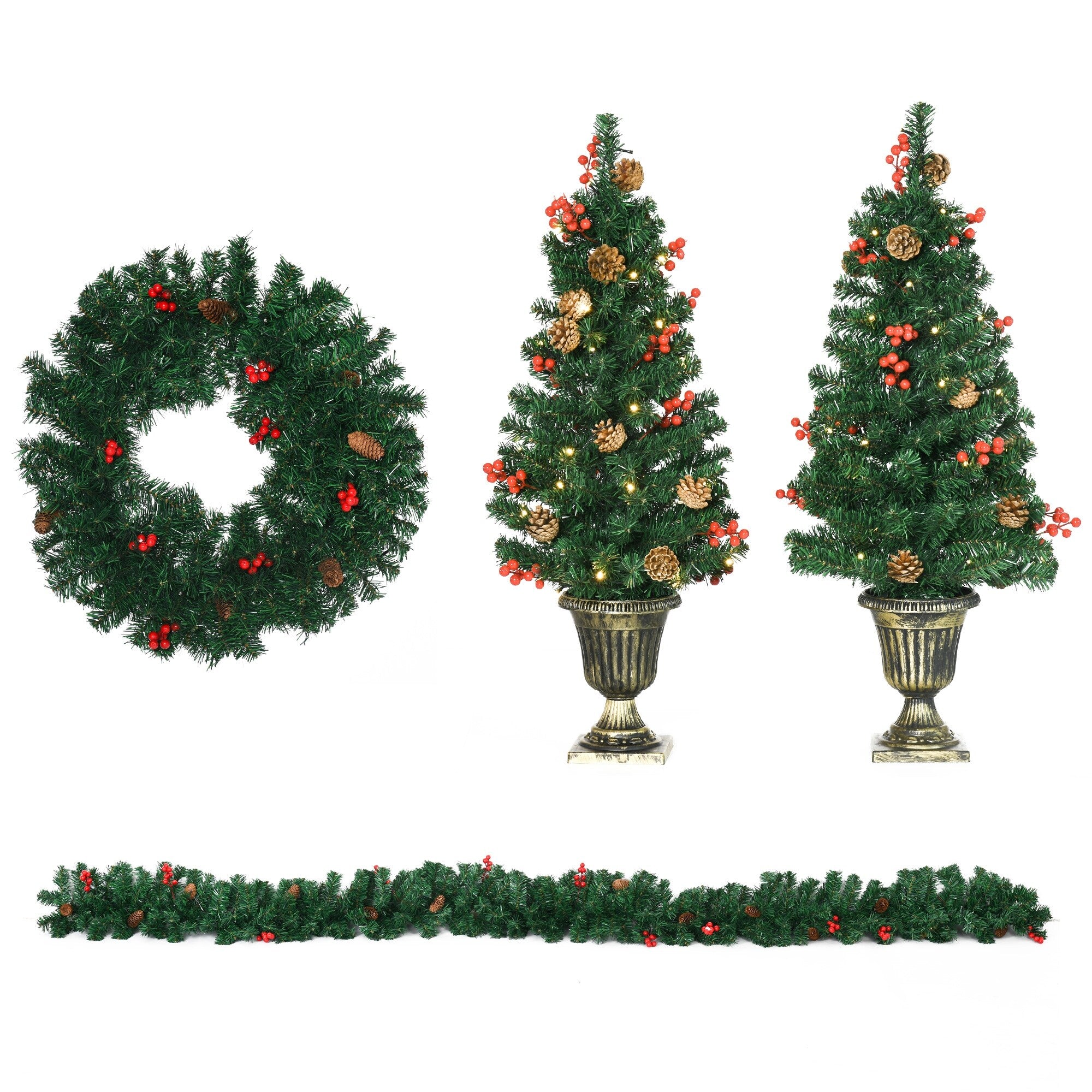 HOMCOM Prelit Holiday Christmas 4-Piece Set, Garland Wreath and Set of 2 Entrance Trees with Warm White LED Lights