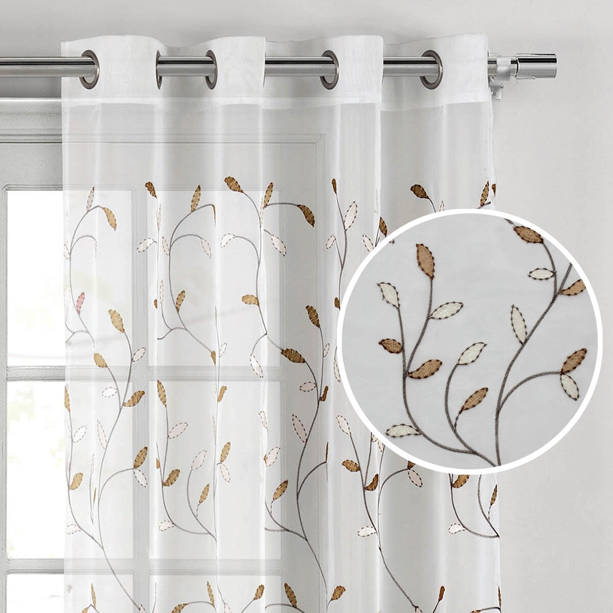 Wavy Leaves Embroidered Sheer Extra Wide Window Curtain (Single Panel)