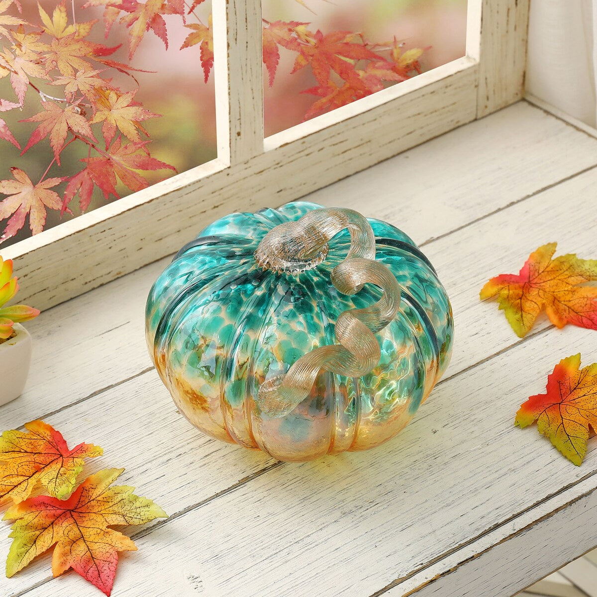 Glitzhome Fall Harvest Hand Blown Glass Pumpkin for Thanksgiving Decor