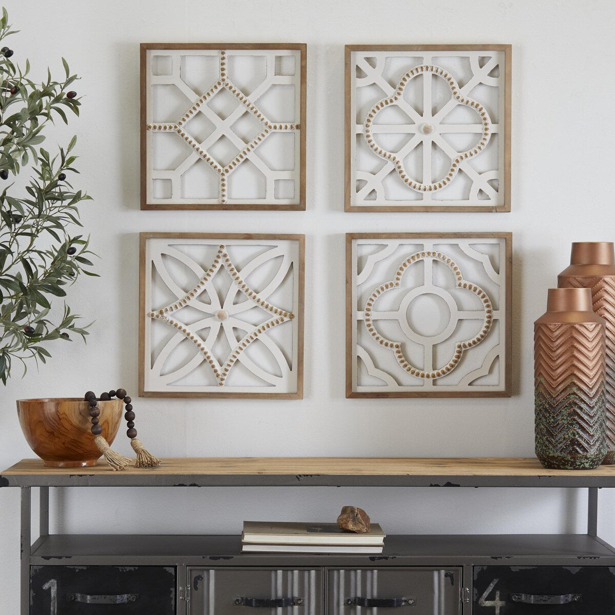 Wood Geometric Beaded Home Wall Decor - Set of 4 White - Roche River Decor