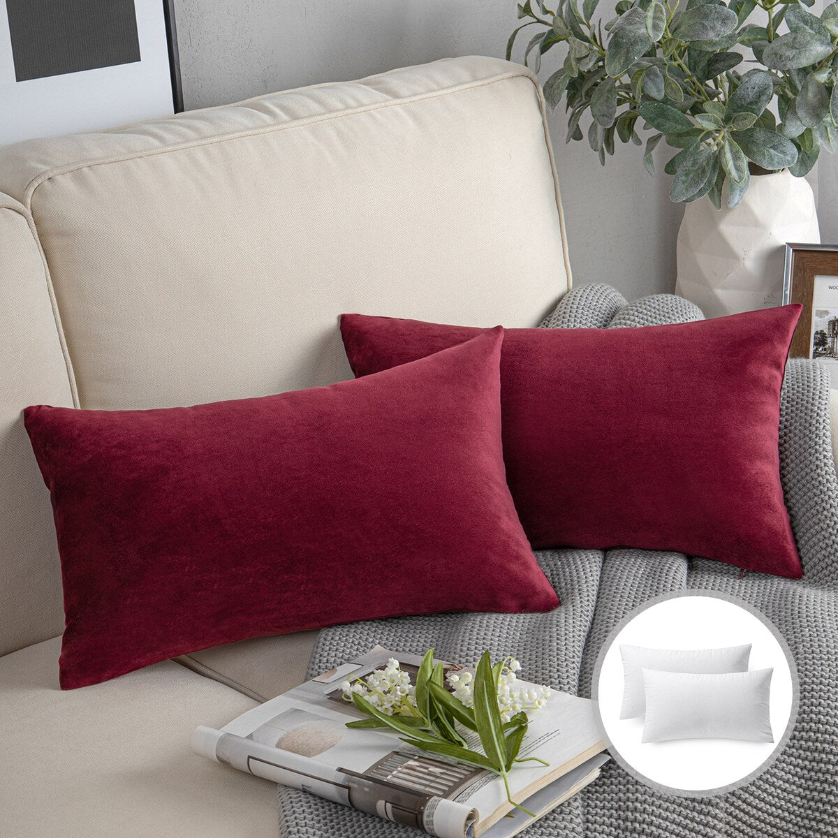 Phantoscope Soft Silky Velvet Decorative Throw Pillow, 12 x 20, 2 Pack