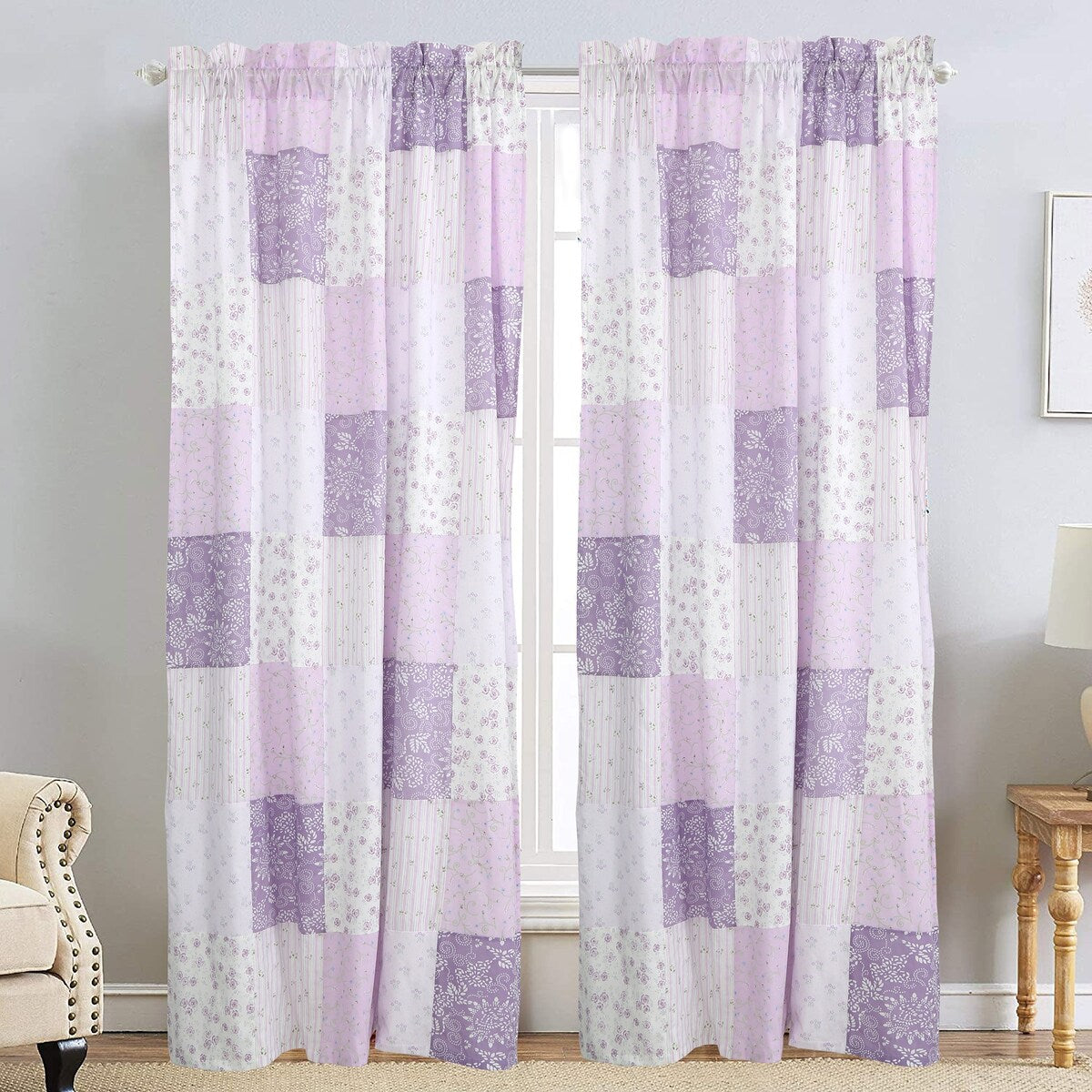 Lilac Lavender Floral Patchwork Window Curtain Panel/Drapes with Tie Backs