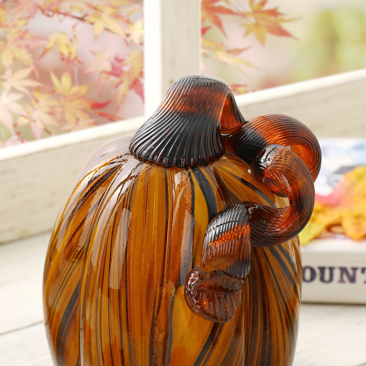 Glitzhome Fall Harvest Multi Striped Handblown Glass Pumpkins for Thanksgiving Decor