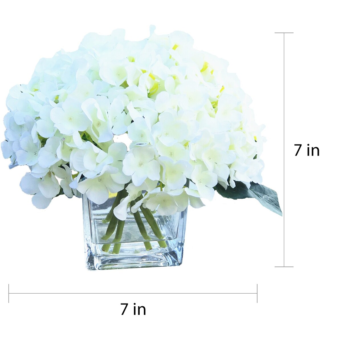 Enova Home Cream Artificial Silk Hydrangea Fake Flowers in Clear Cube Glass Vase with Faux Water for Home Wedding Office Decor