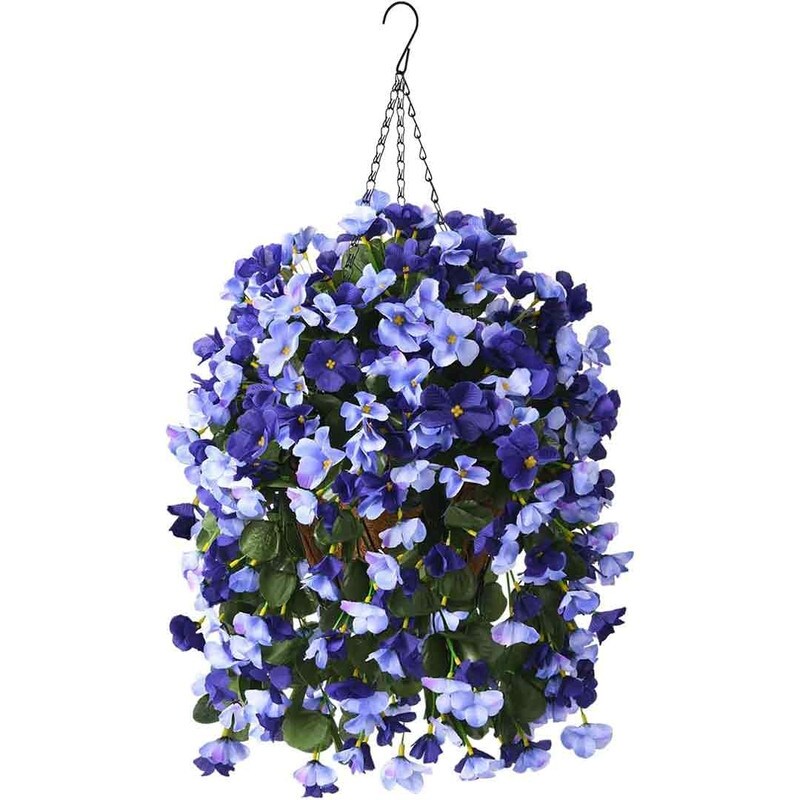 Artificial Plant Hanging Basket, 15.7' x 15.7' x 21.6', Blue, 4pcs Begonias Silk Flowers, for Patio Garden Decor