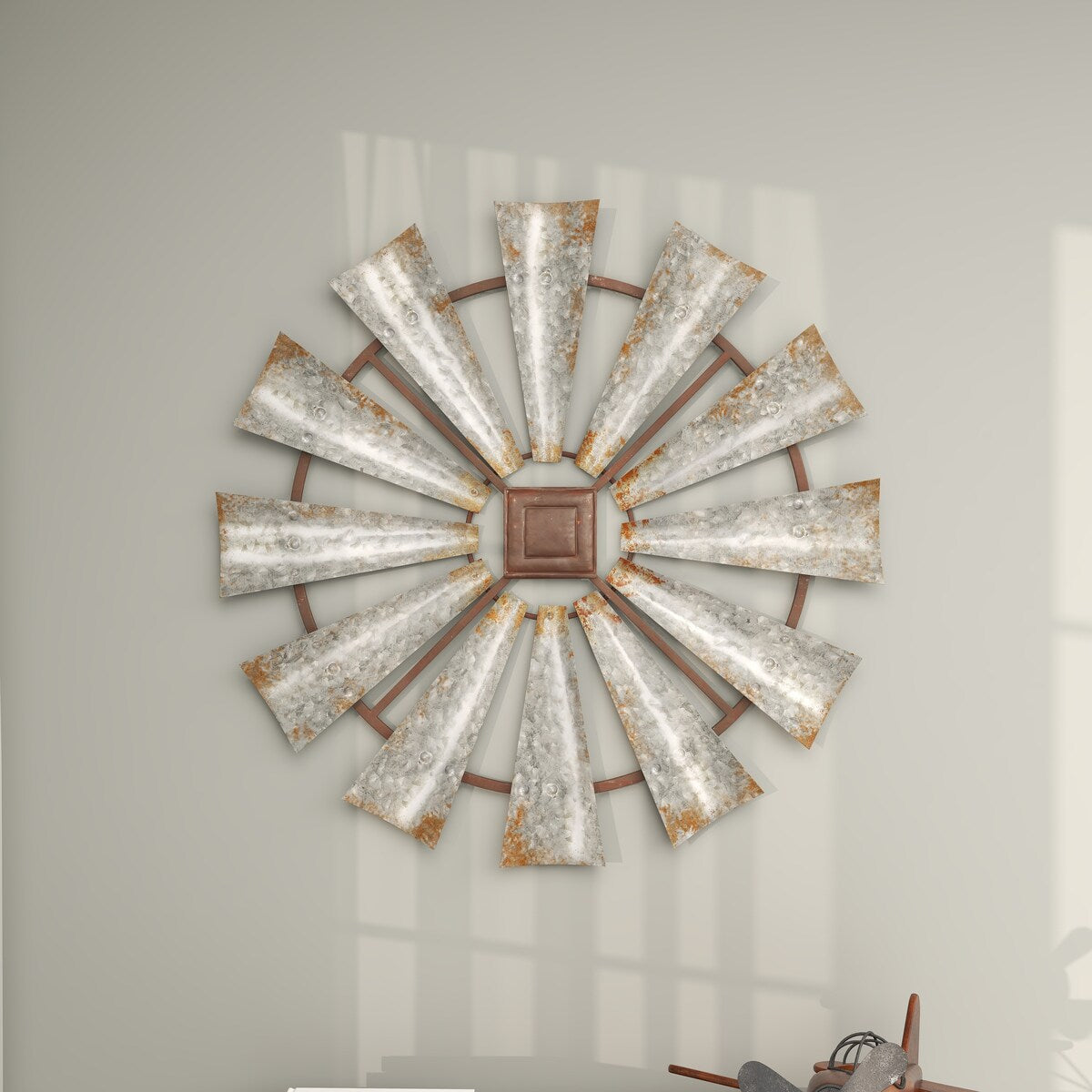 Metal Windmill Distressed Galvanized Home Wall Decor with Rust Frame - Silver - Roche River Decor