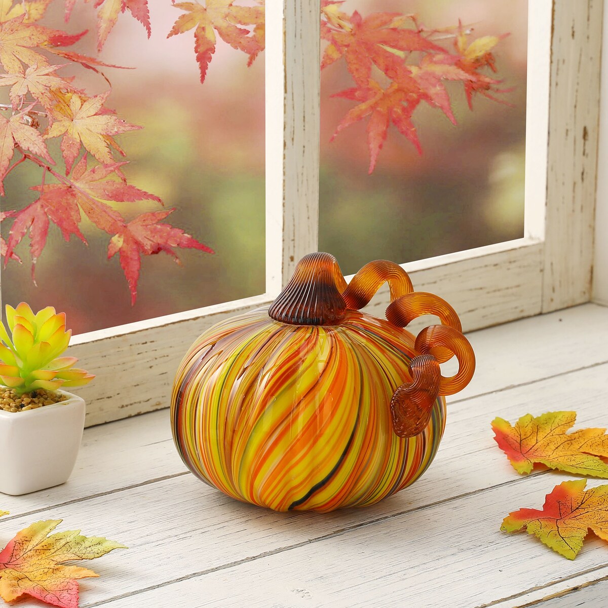 Glitzhome Fall Harvest Multi Striped Handblown Glass Pumpkins for Thanksgiving Decor