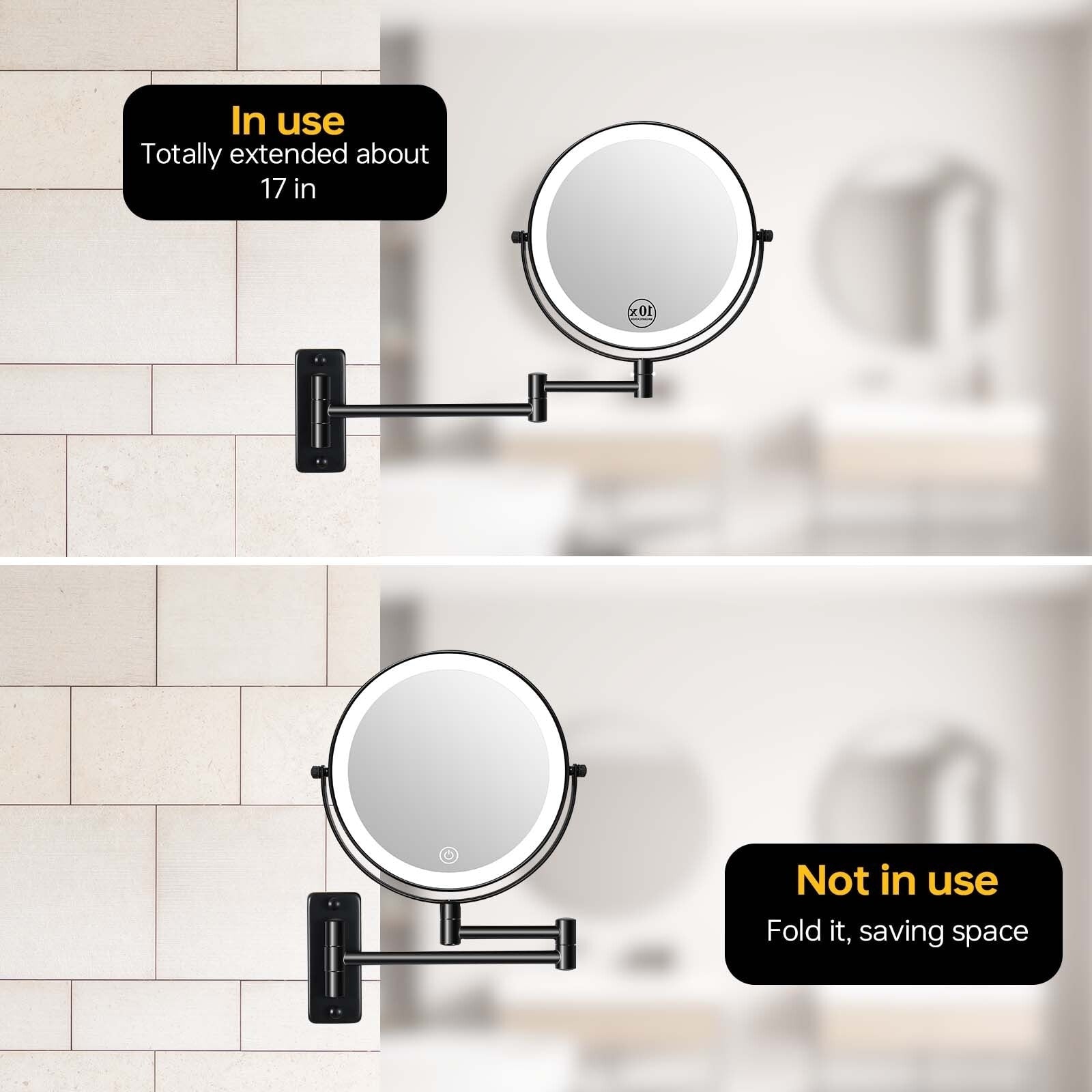 8 Round Wall Mount Bathroom Makeup Mirror, Rechargeable, Magnification 1x/10x, 3 Color Lights