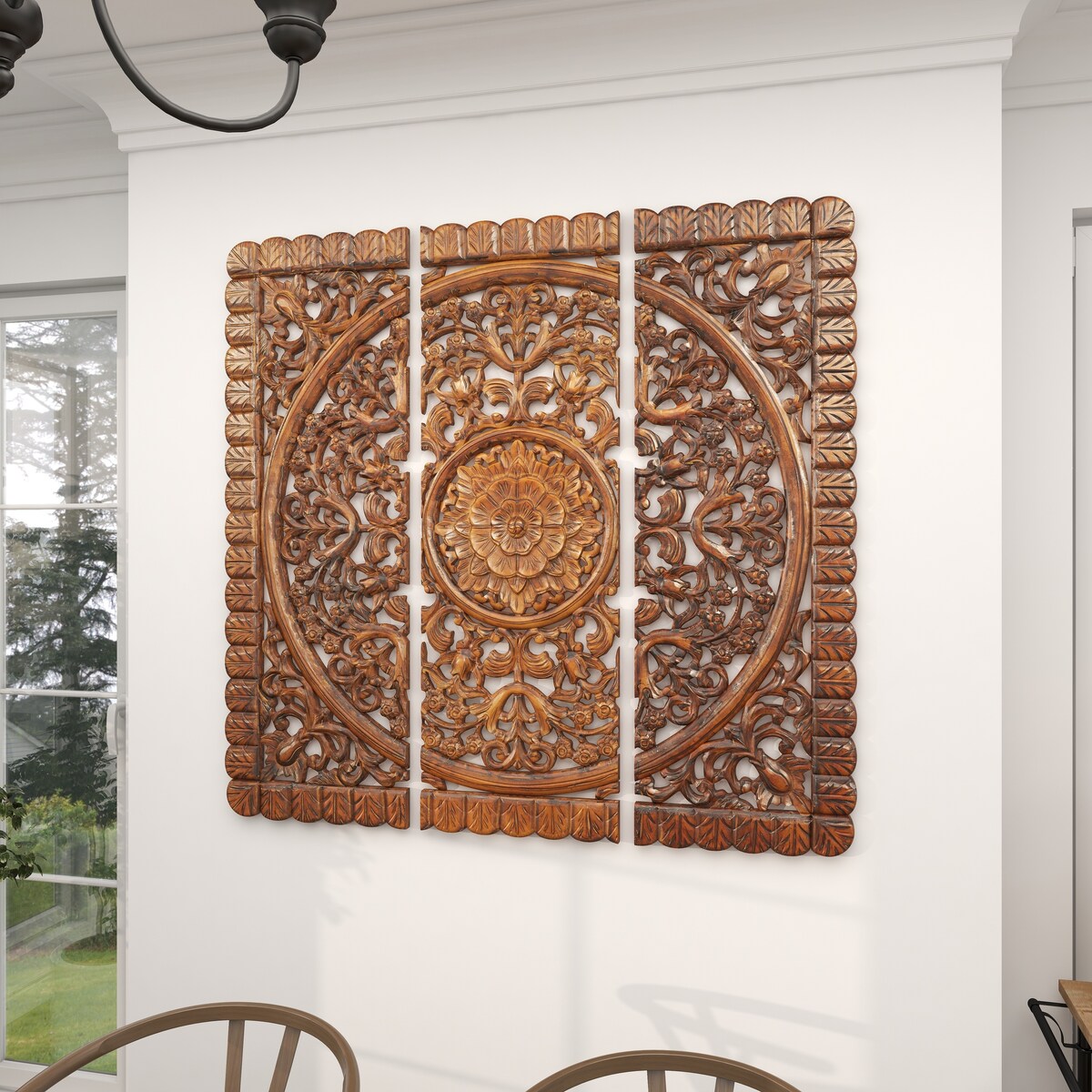 Wooden Floral Handmade Intricately Carved Mandala Panel Home Wall Decor - Set of 3 Brown - Roche River Decor