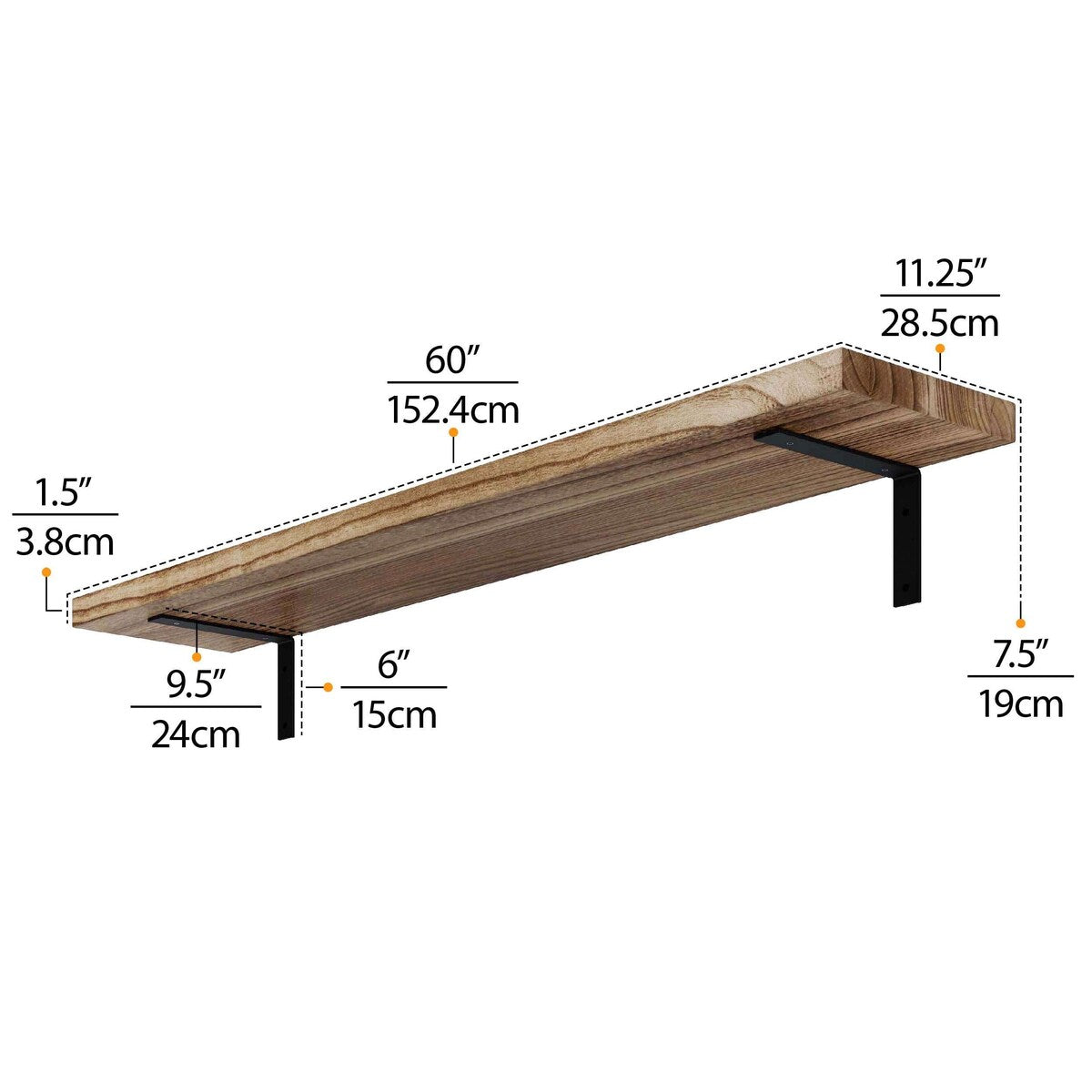 Cervo 60 in x11.25 in Rustic Floating Shelves for Wall - 2 Pcs - Burnt