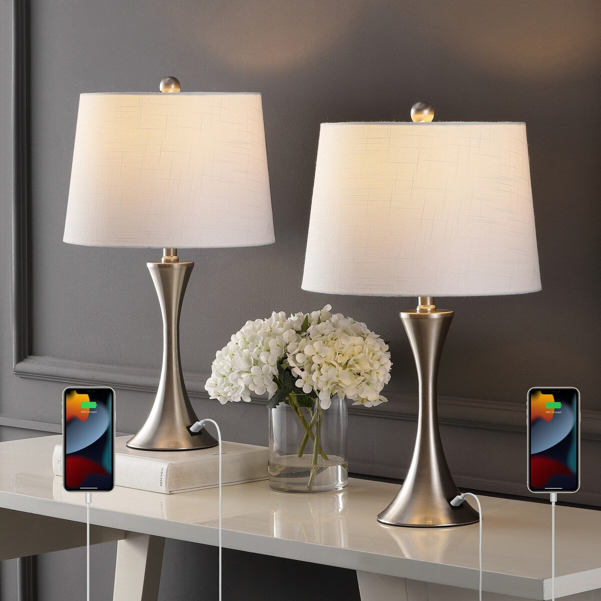 Makena 22.75 Modern Glam Iron Hourglass LED Table Lamp with USB Charging Port, (Set of 2) by JONATHAN Y