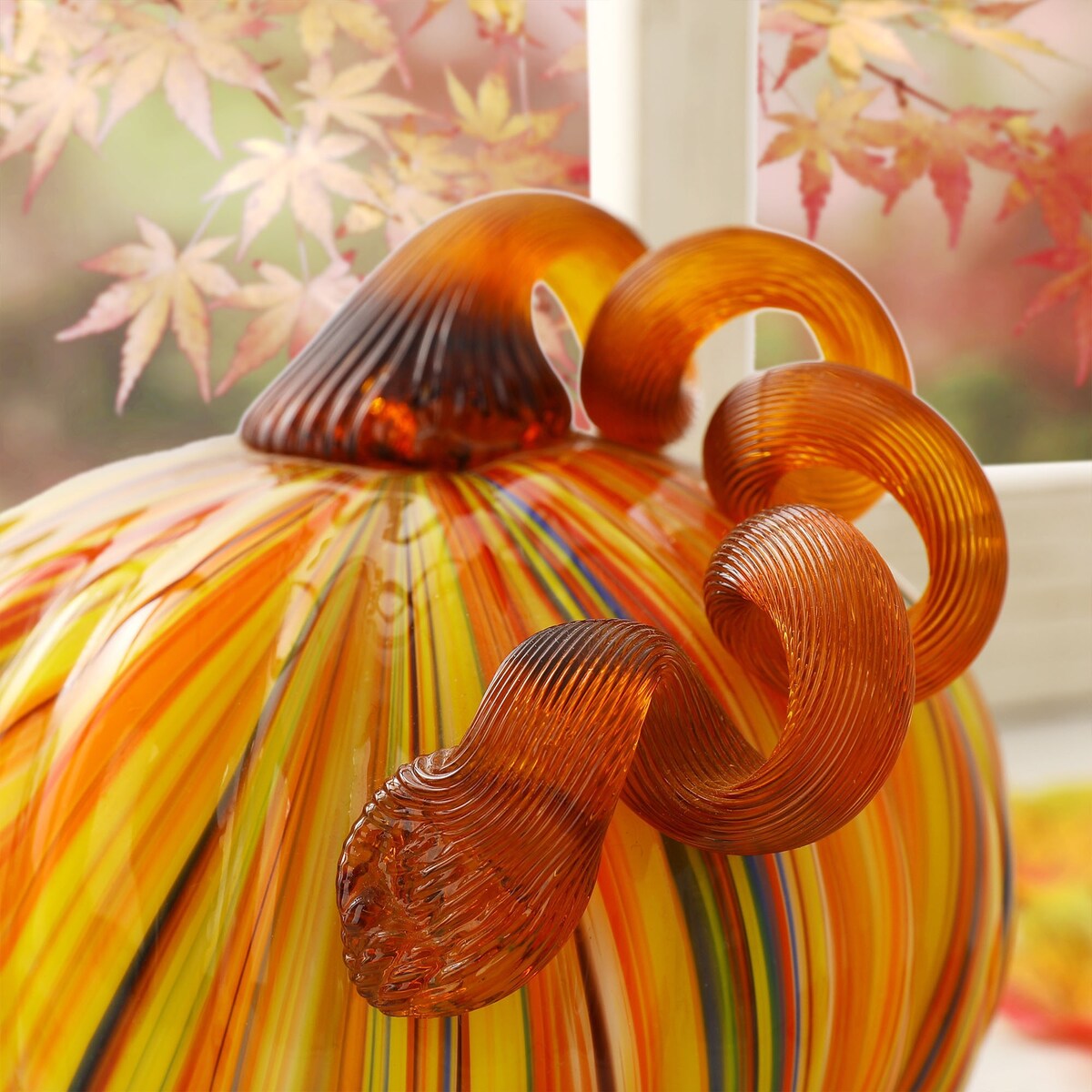 Glitzhome Fall Harvest Multi Striped Handblown Glass Pumpkins for Thanksgiving Decor