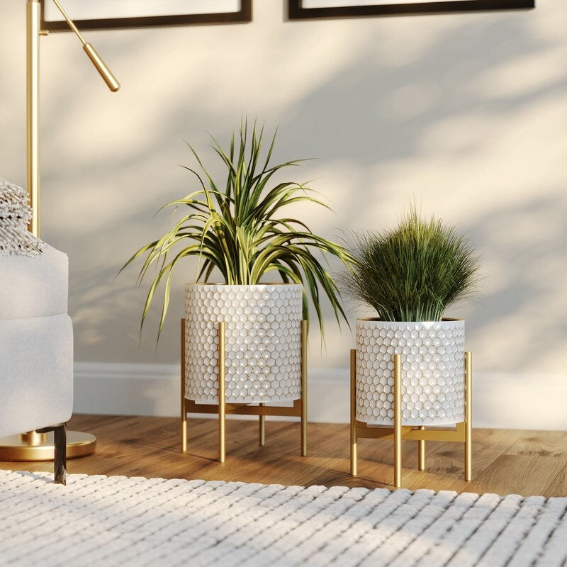 Honeycomb White & Gold Indoor Metal Pot Planter With Loki Gold Planter Base Set - 12H x 9.5W x 9.5D