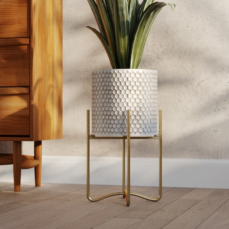 Honeycomb Mid-Century Modern Indoor Metal Pot Planter with Tall Metal Base