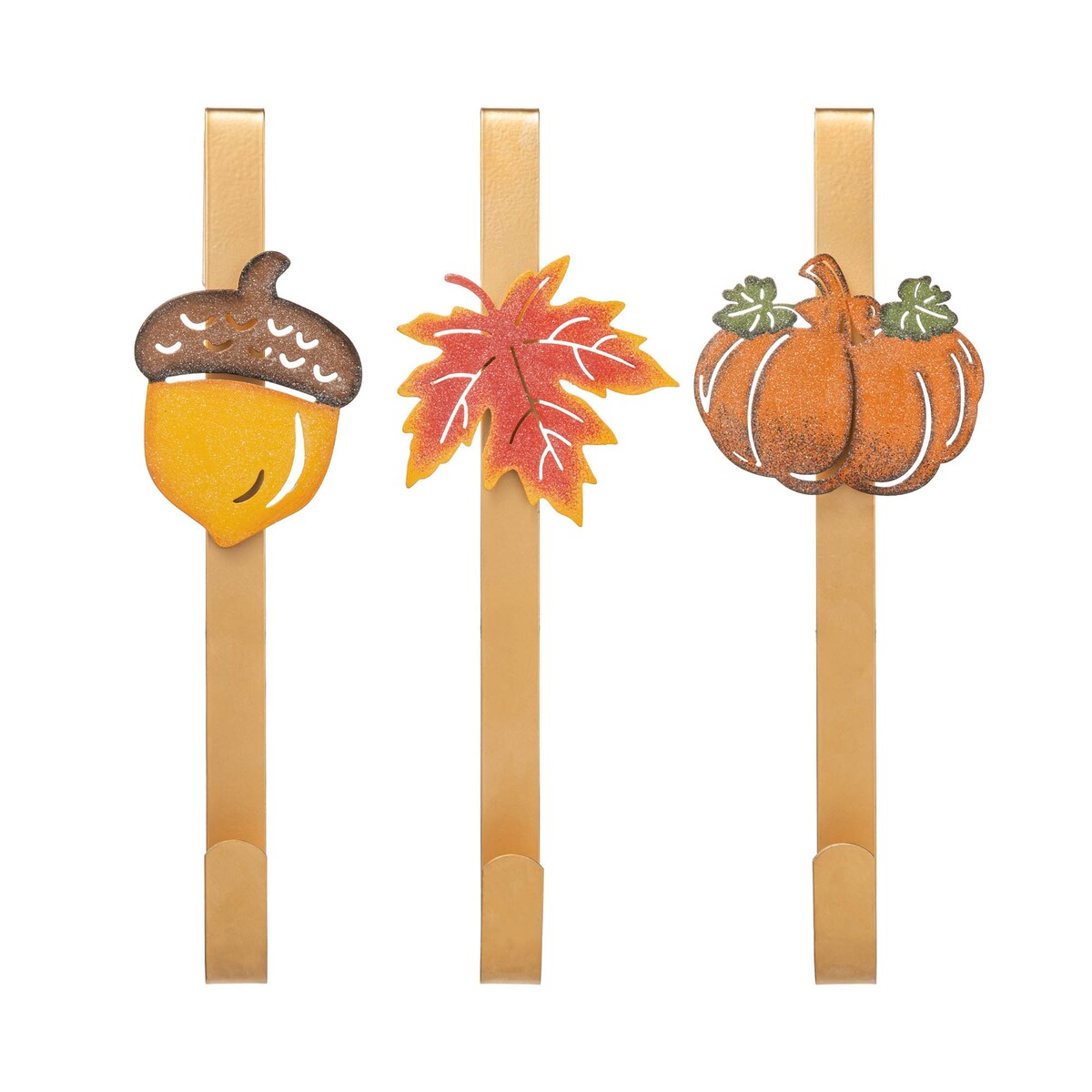 Glitzhome Set of 3 Fall Metal Glitter Acorn Leaf Pumpkin Wreath Hangers for Thanksgiving