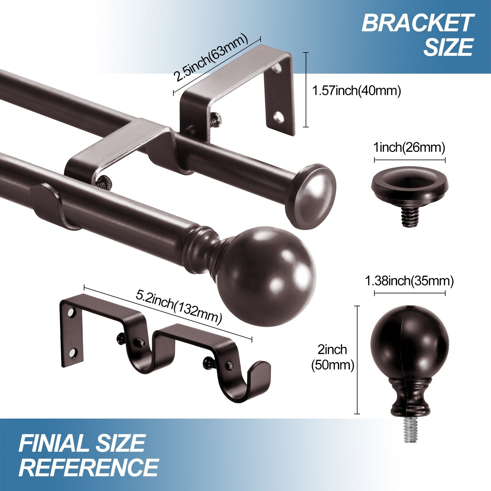 Round Ball Designer Double Drapery Adjustable Curtain Rod & Hardware