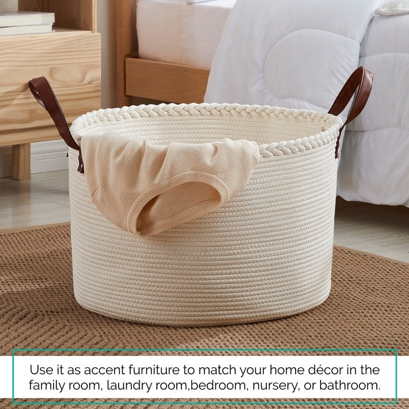 Large Round Cotton Rope Storage Basket Laundry Hamper with Leather Handles, 21 x 21 x 14 - 21 x 21 x 14