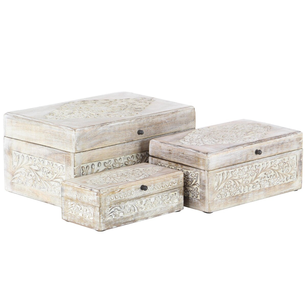 Mango Wood Floral Decorative Box with Hinged Lid - Set of 3 Cream - Roche River Decor