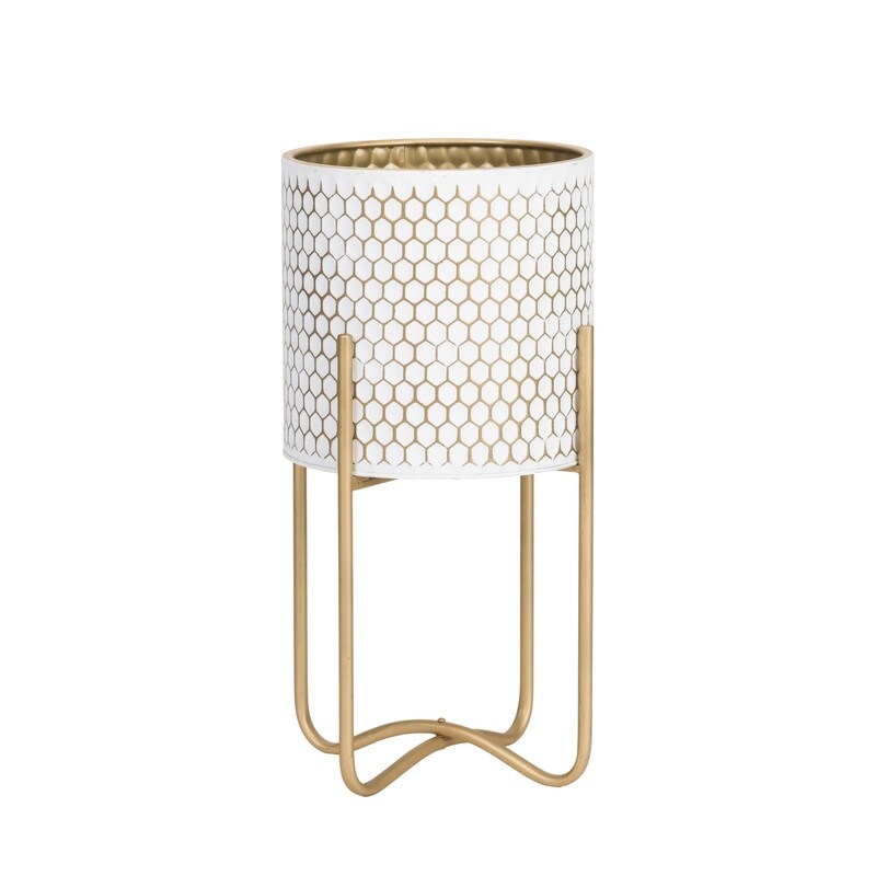 Honeycomb Mid-Century Modern Indoor Metal Pot Planter with Tall Metal Base