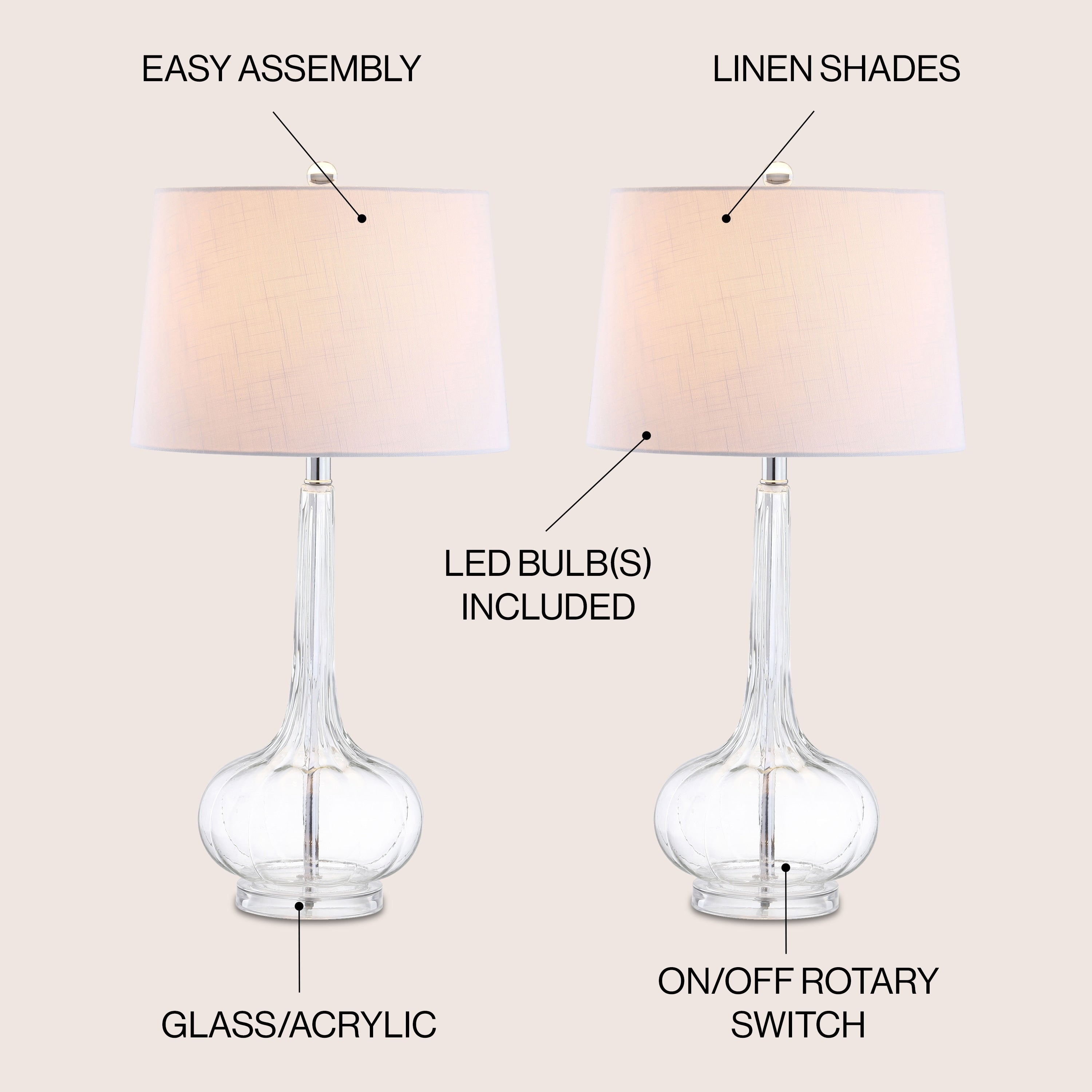 Diamante 28.5 Glass Teardrop LED Table Lamp, Pink (Set of 2) by JONATHAN Y