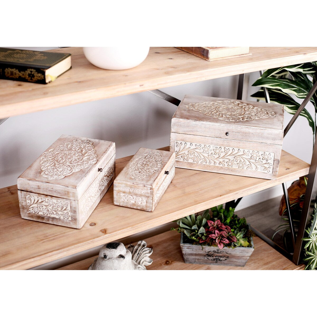 Mango Wood Floral Decorative Box with Hinged Lid - Set of 3 Cream - Roche River Decor