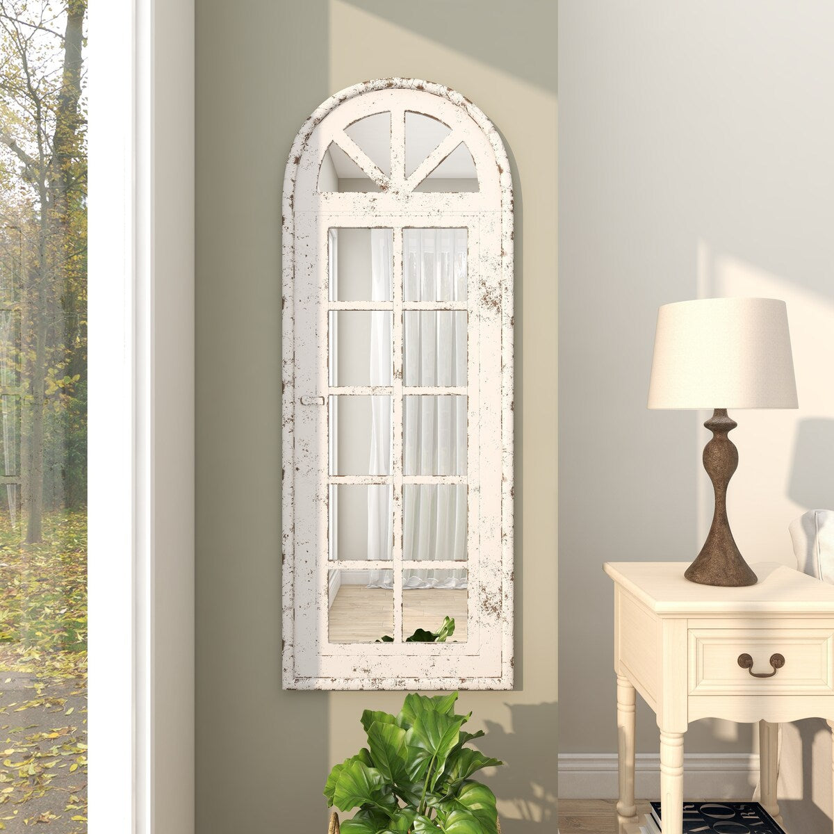 Wooden Window Pane Inspired Room Wall Mirror with Arched Top and Distressing - White - Roche River Decor