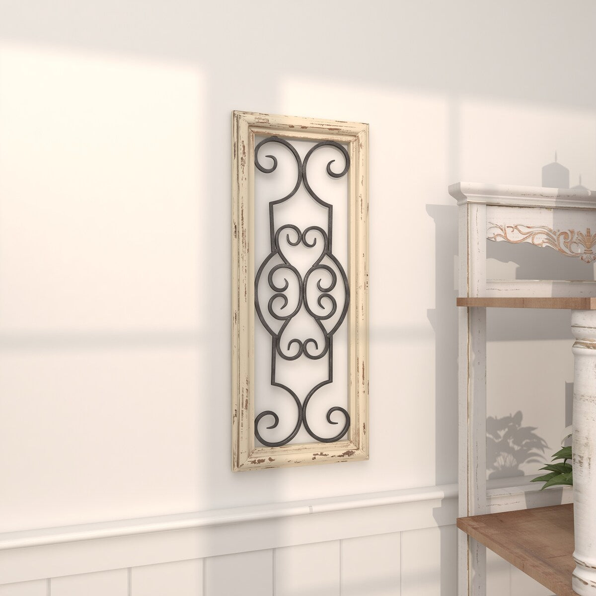 Wood Scroll Small Panel Home Wall Decor with Black Metal Scrollwork - White - Roche River Decor