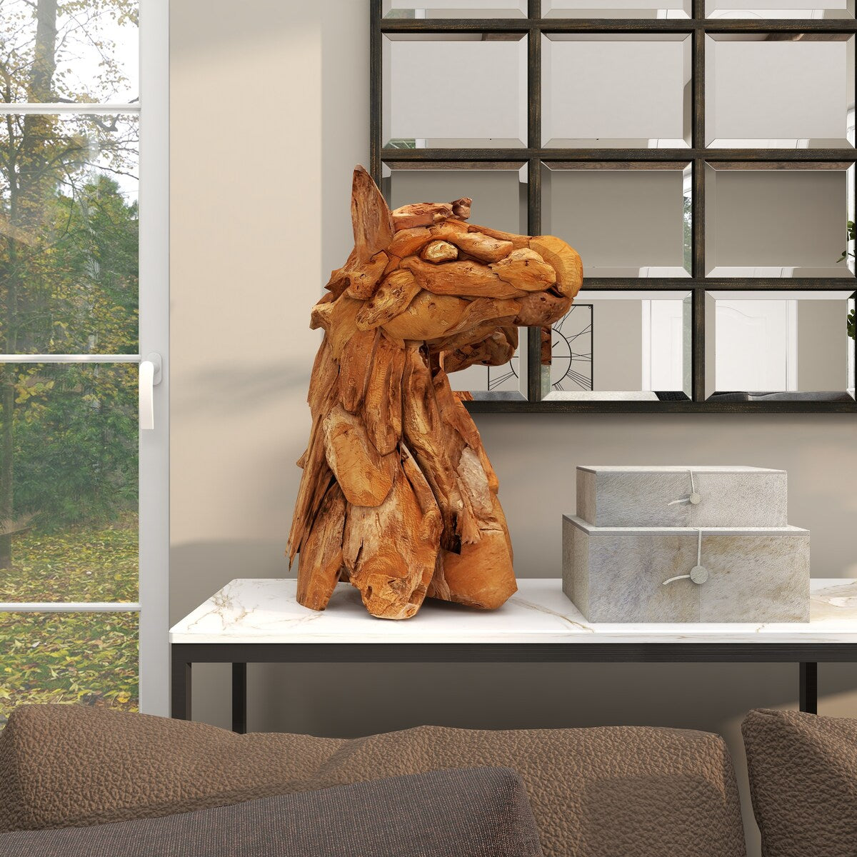 Teak Wood Horse Handmade Head Decorative Sculpture with Layered Woodchip Pieces - Brown - Roche River Decor