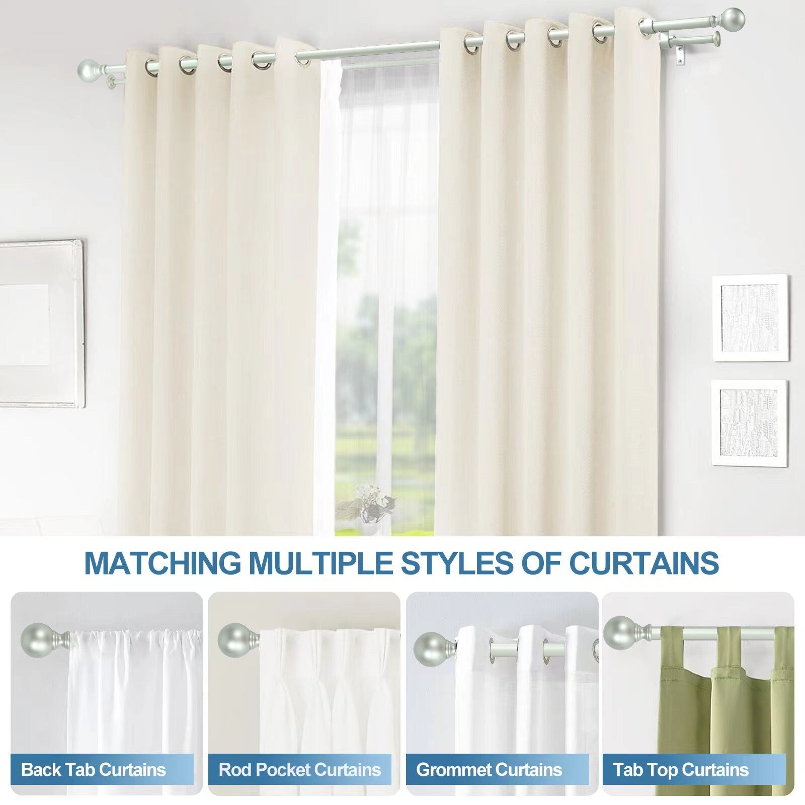 Round Ball Designer Double Drapery Adjustable Curtain Rod & Hardware