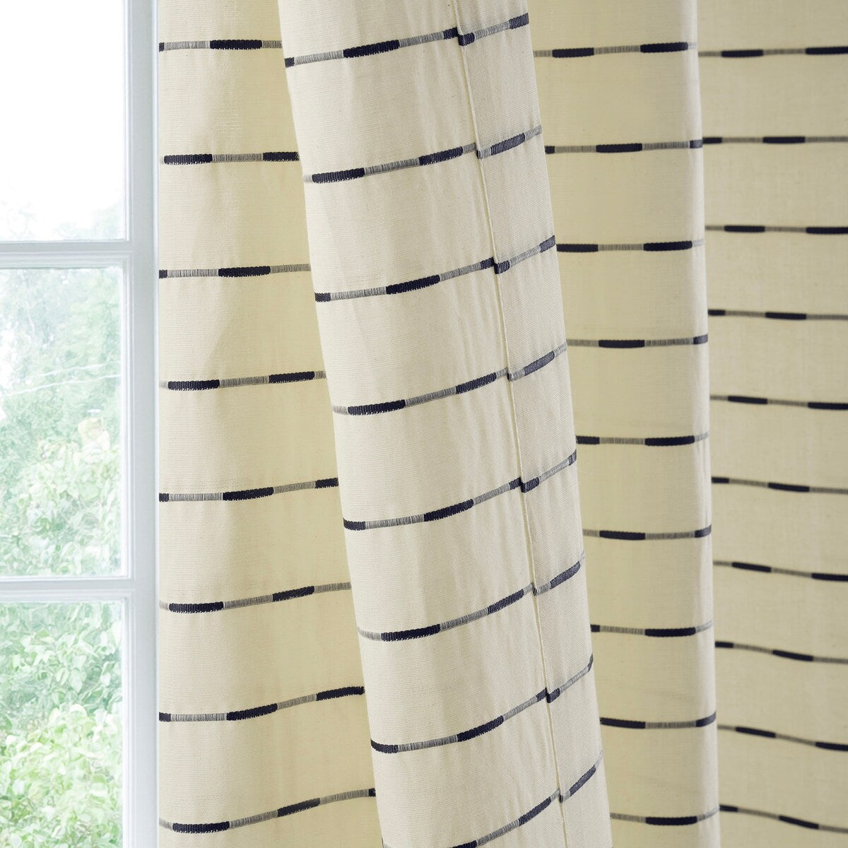 Exclusive Fabrics Striped Blue Linear Cotton Light Filtering Curtains For Bedroom & Living Room Curtains Pair (2 Panels)