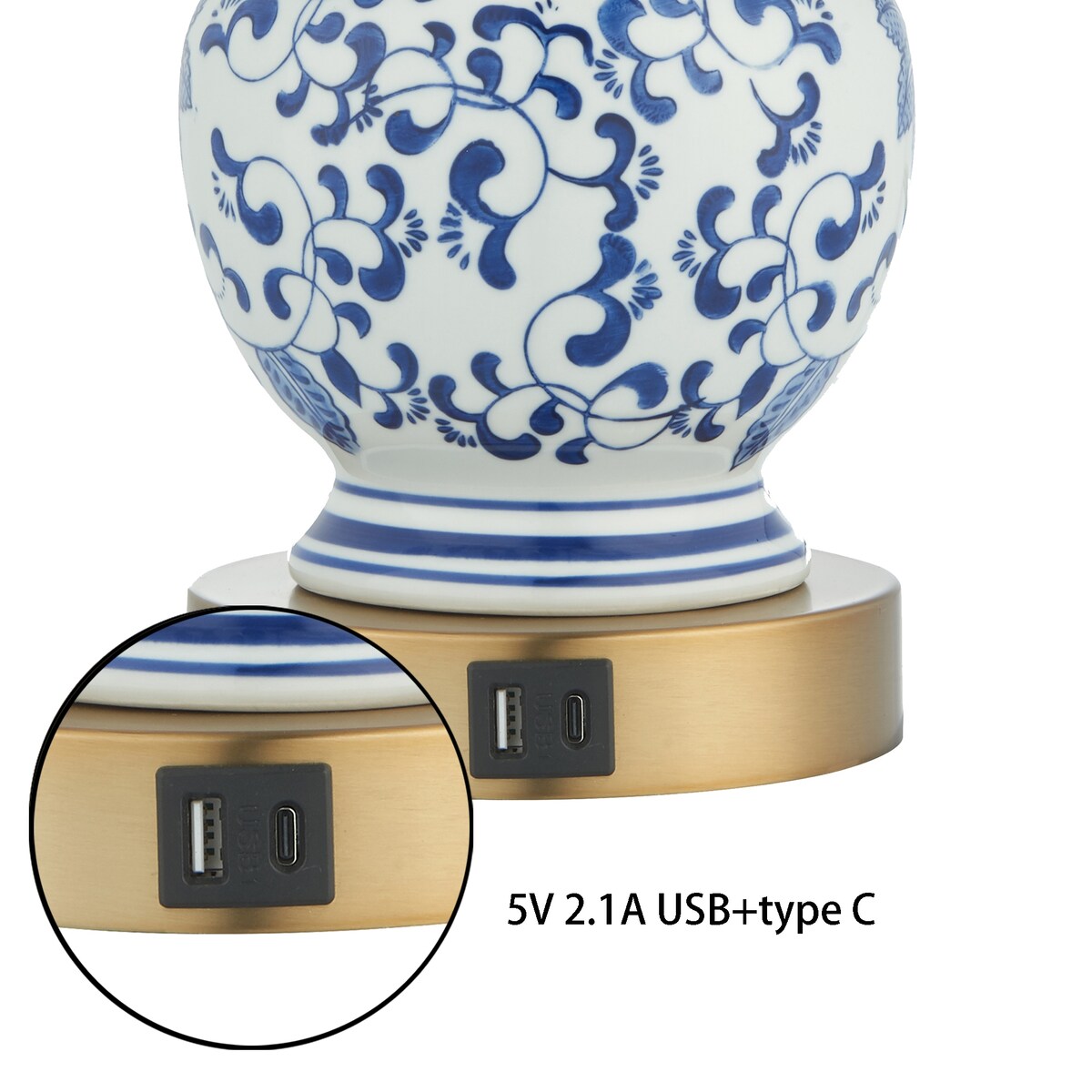 Blue/ White Ceramic LED Dimmable Table Lamp Set With USB Ports & type C - Set of 2