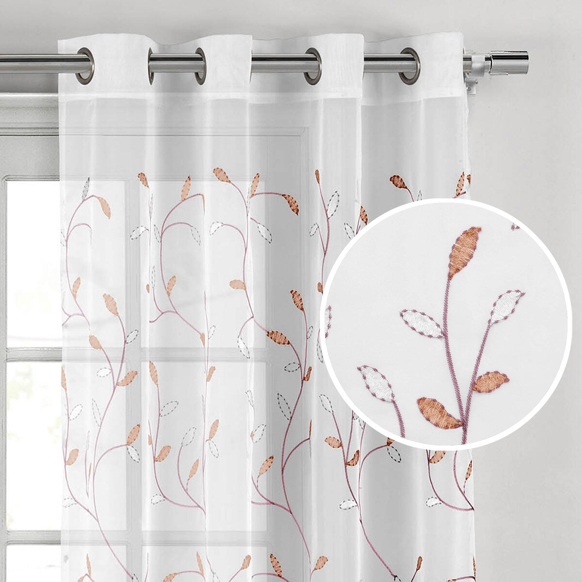 Wavy Leaves Embroidered Sheer Extra Wide Window Curtain (Single Panel)