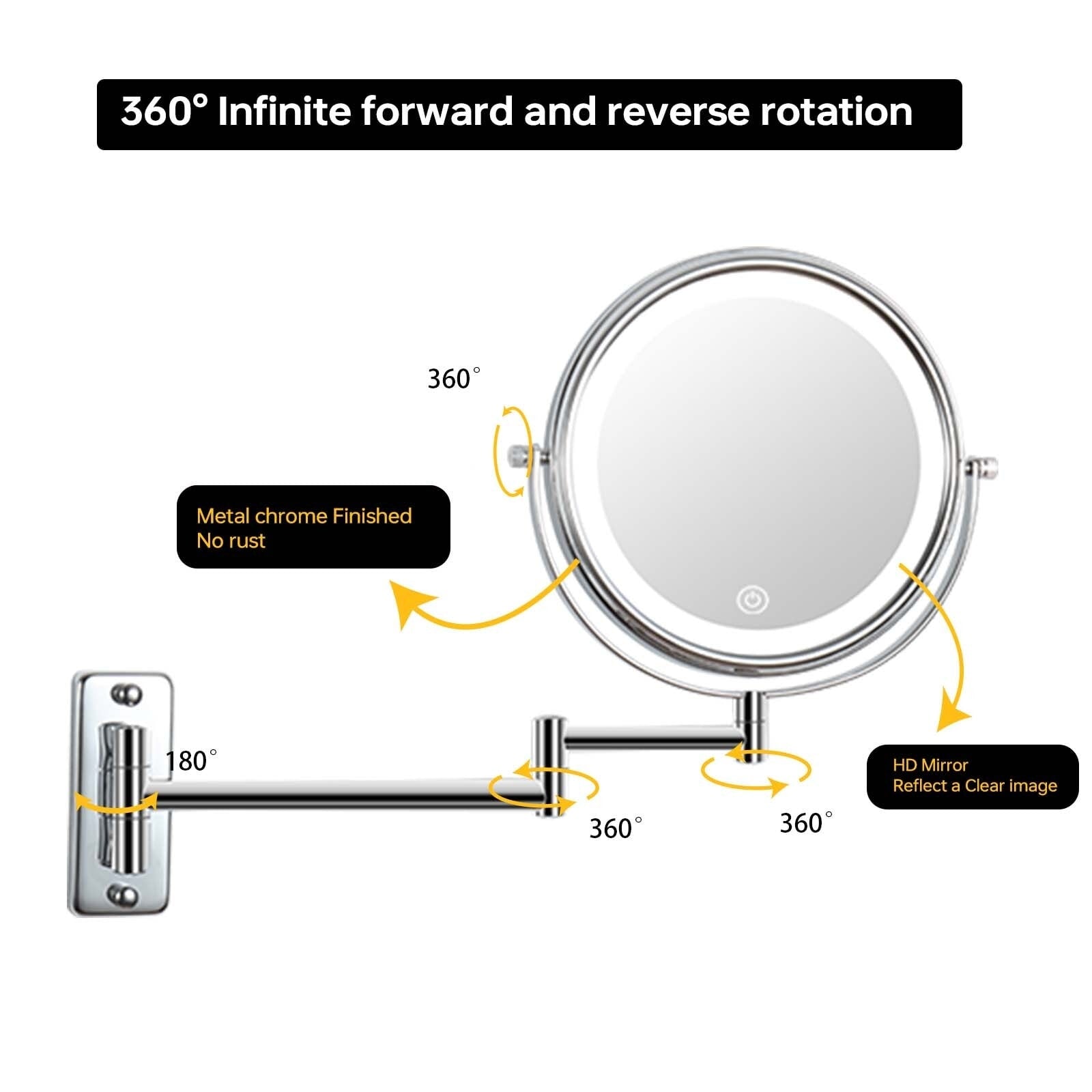 8 Round Wall Mount Bathroom Makeup Mirror, Rechargeable, Magnification 1x/10x, 3 Color Lights