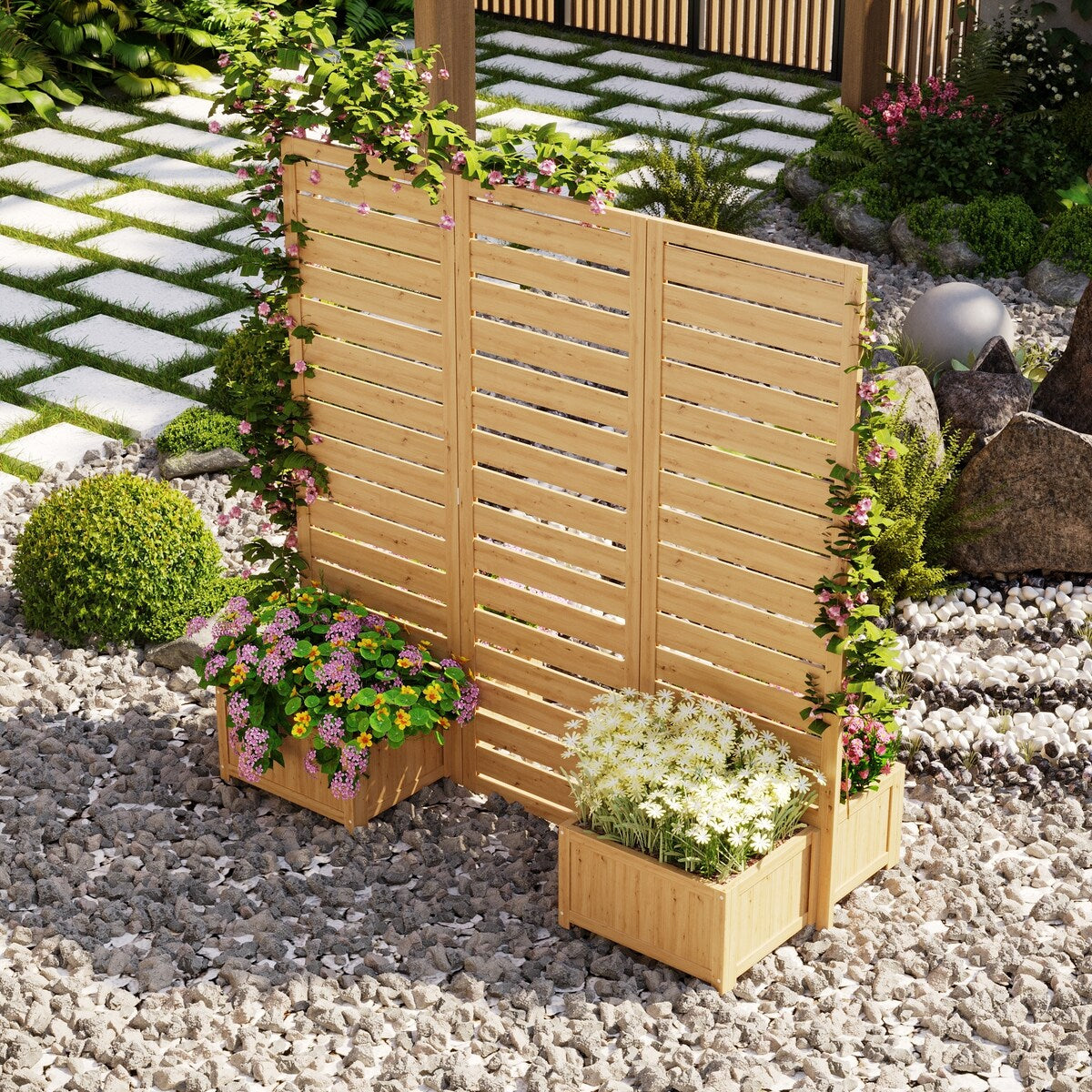 Cedar Tri-Fold Privacy Screen with 4 Planter Boxes, Weather-Resistant