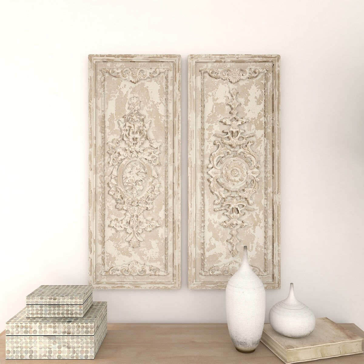 Fiberclay Ceramic Geometric Handmade Carved Arabesque Home Wall Decor - Set of 2 Beige - Roche River Decor