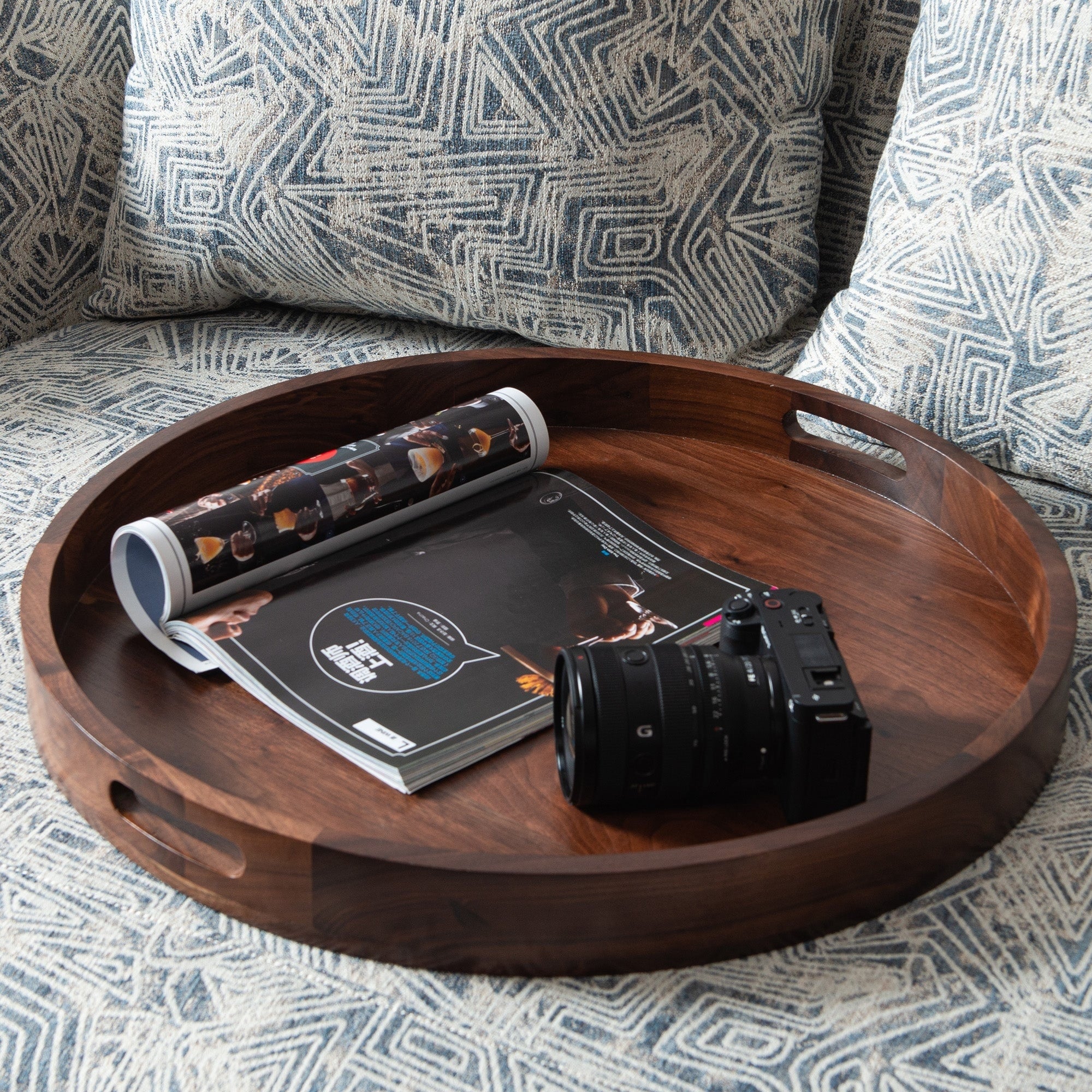 Round Black Walnut Wood Serving Tray Ottoman Tray with Handles