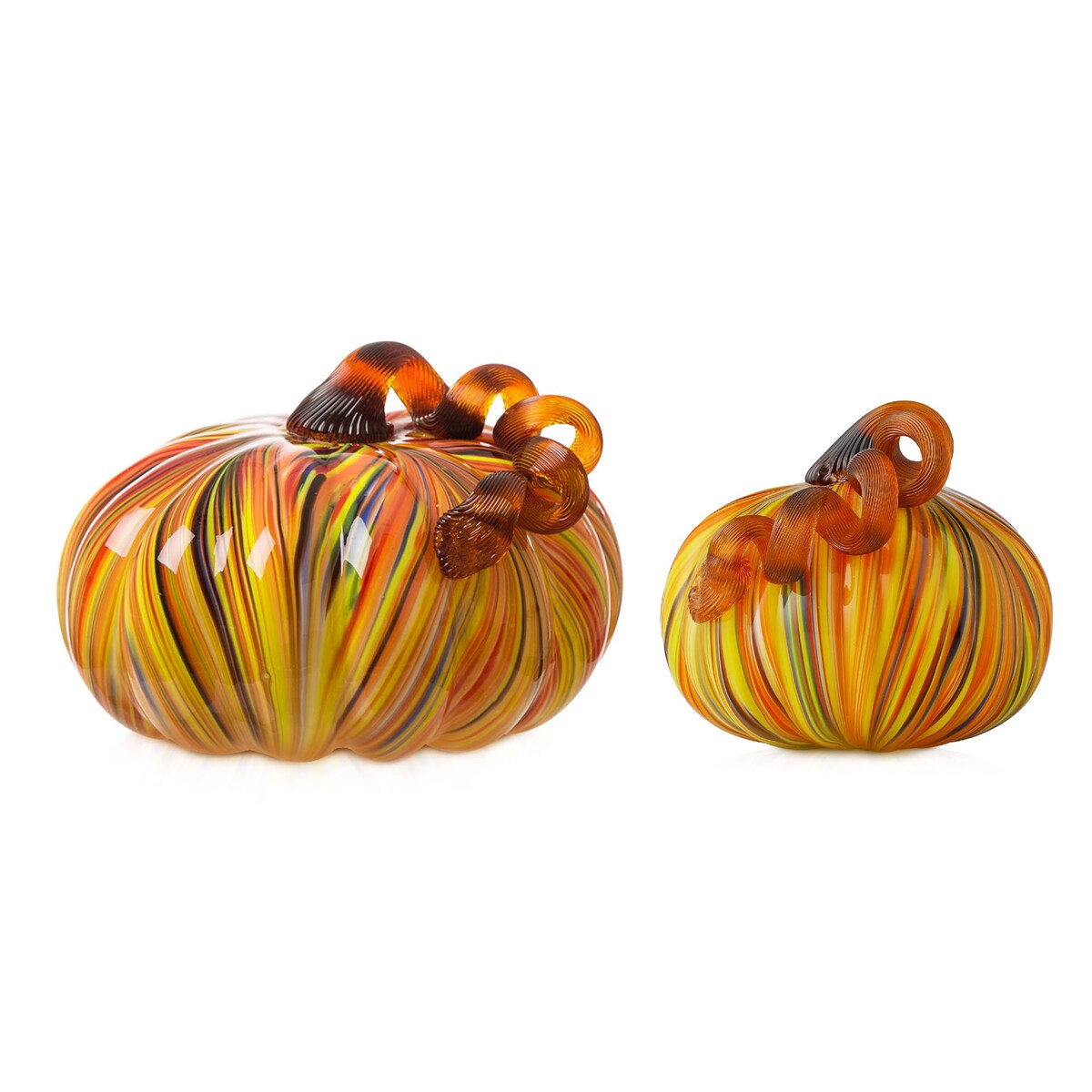 Glitzhome Fall Harvest Multi Striped Handblown Glass Pumpkins for Thanksgiving Decor