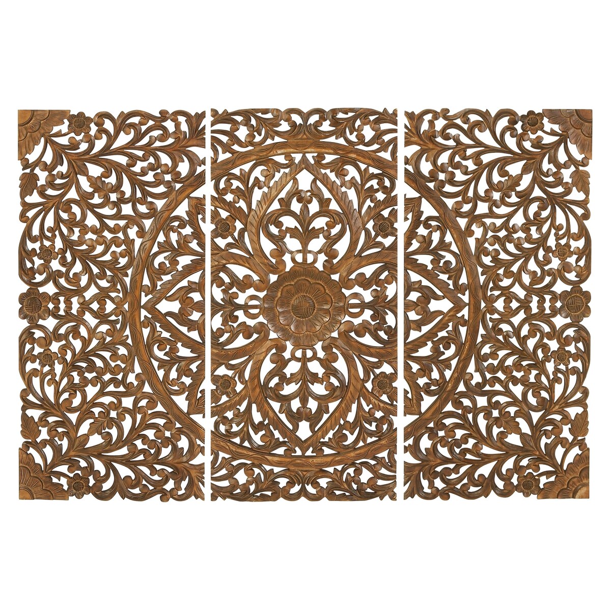 Wooden Floral Handmade Intricately Carved Home Wall Decor - Set of 3 Brown - Roche River Decor