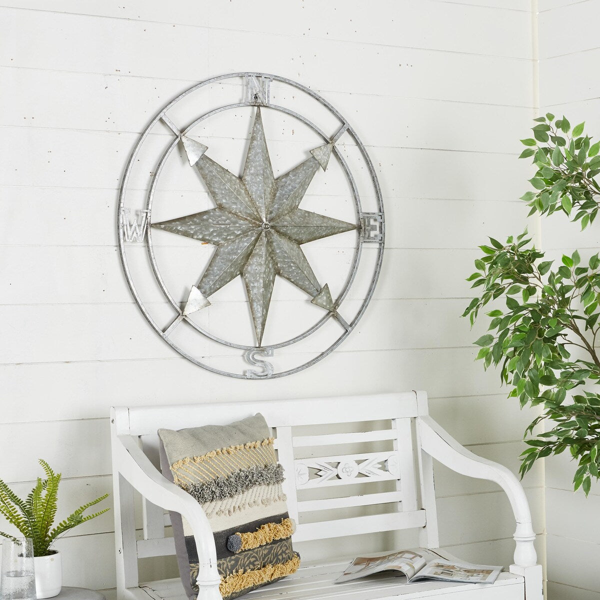 Metal Compass Home Wall Decor with Distressed Copper Like Finish - Silver - Roche River Decor