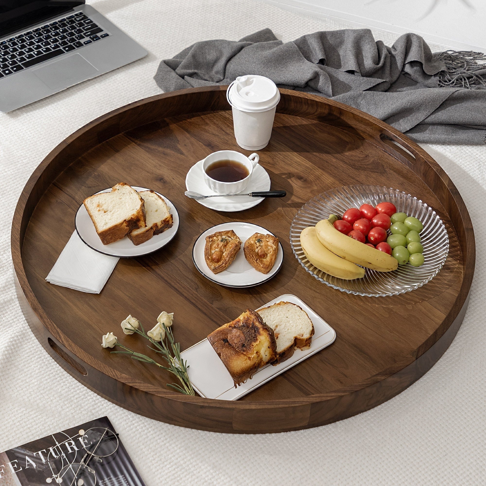 Round Black Walnut Wood Serving Tray Ottoman Tray with Handles