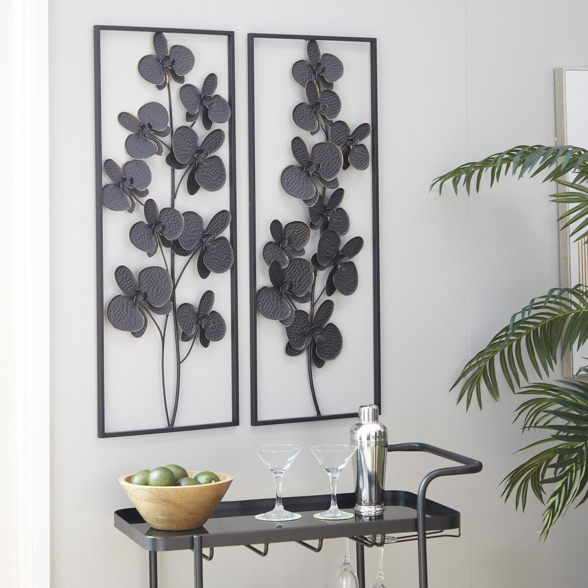 Metal Floral Orchid Home Wall Decor with Black Frame - Set of 2 Black - Roche River Decor