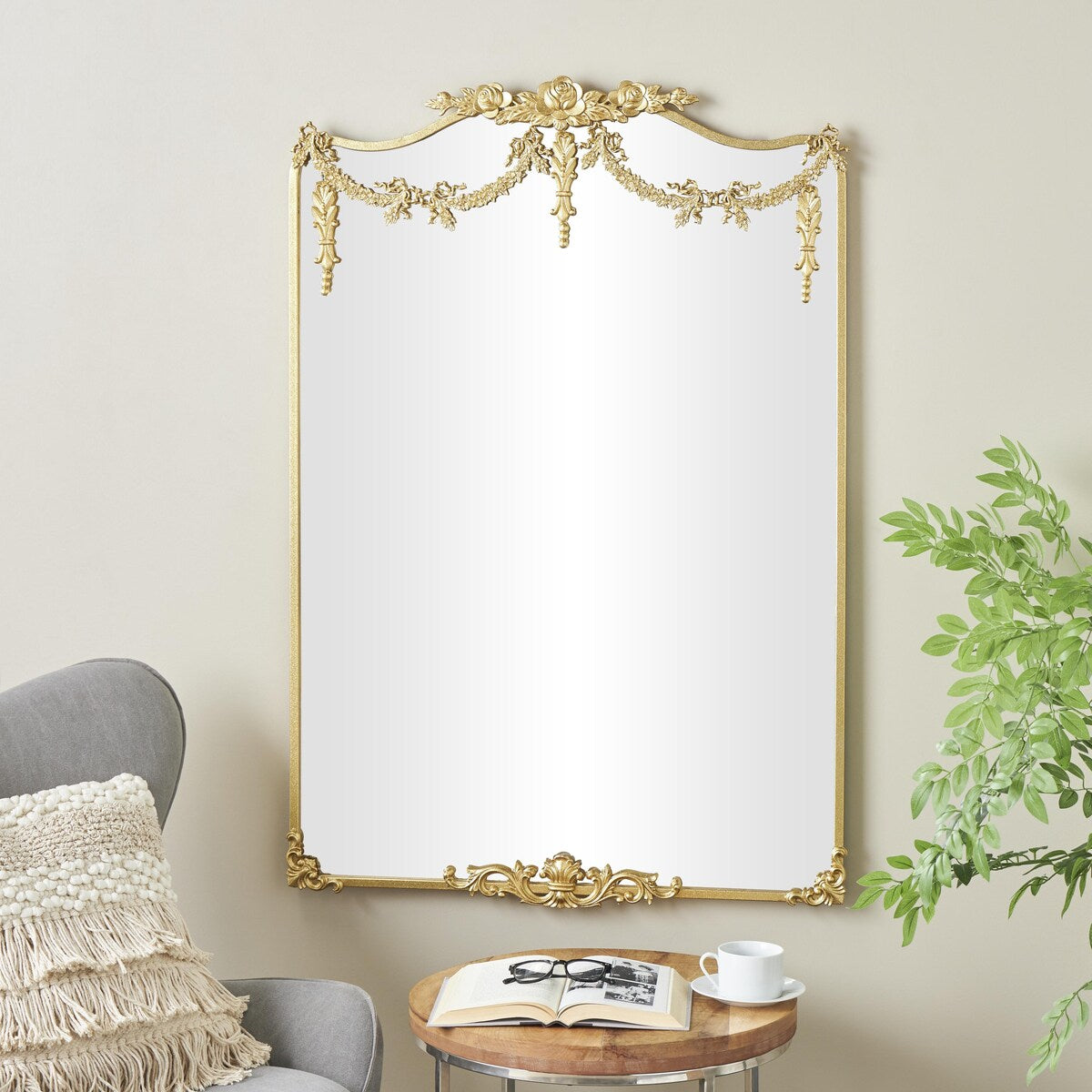 Metal Floral Room Wall Mirror with Floral Embellishments - Gold - Roche River Decor