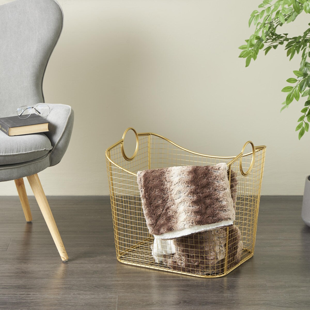 Metal Wire Grid Decorative and Functional Storage Basket with Curved Edges Ring Handles - Gold or Black - Roche River Decor