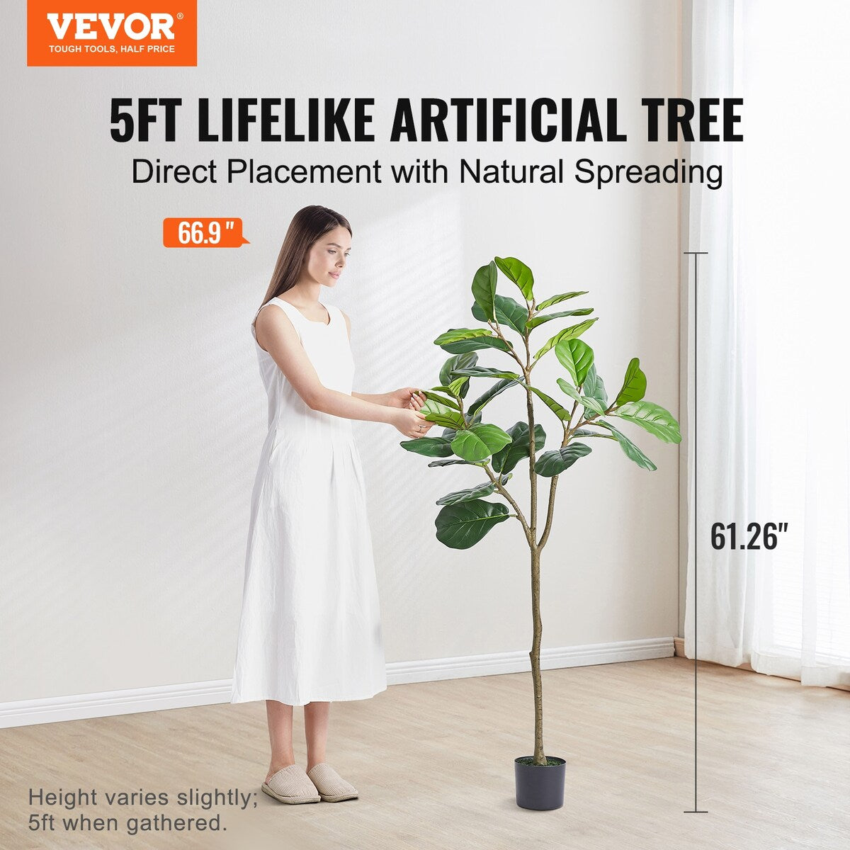 VEVOR Artificial Fiddle Leaf Fig Tree,Lifelike Green Fake Potted Tree for Home Office Warehouse Decor Indoor Outdoor