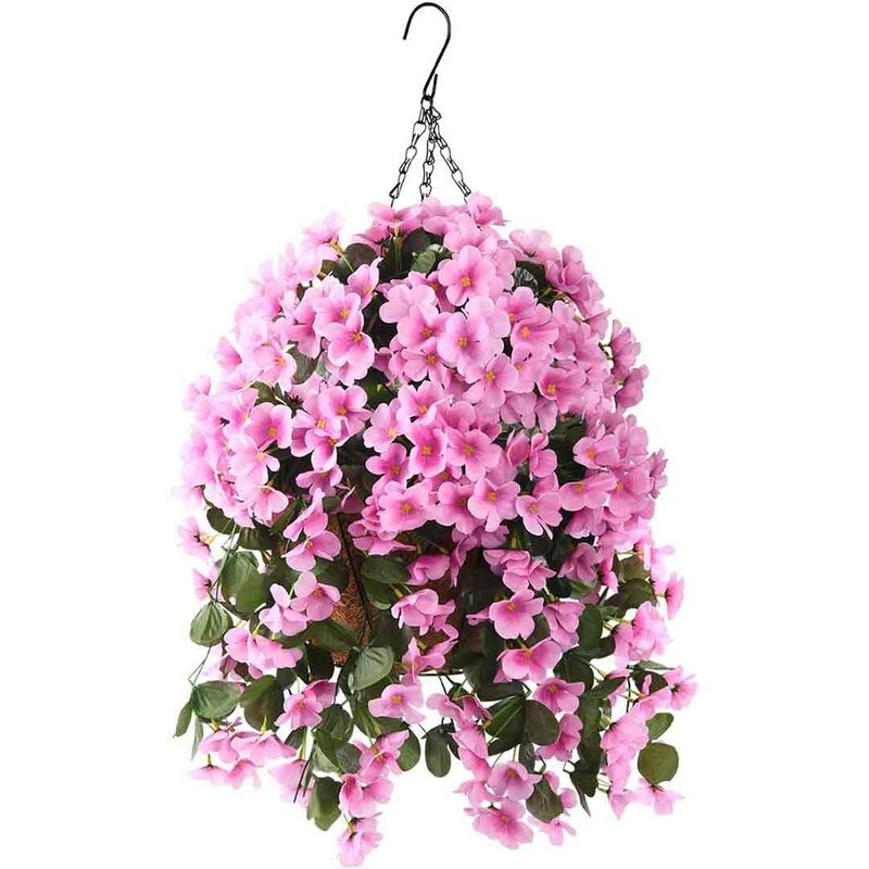 Artificial Plant Hanging Basket, 15.7' x 15.7' x 21.6', Blue, 4pcs Begonias Silk Flowers, for Patio Garden Decor