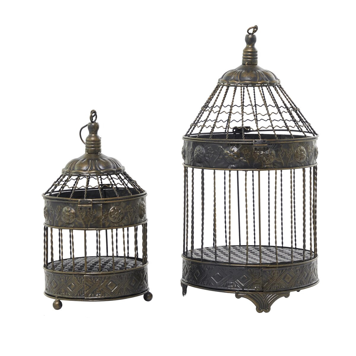 Metal Floral Antique Twisted Rod Birdcage with Latch Closure and Hanging Hook - Set of 2 Bronze - Roche River Decor